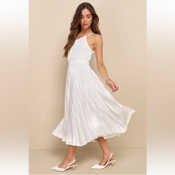 Lulu's Alluring Marvel Ivory Pleated Satin One Shoulder Midi Dress Size Medium - Picture 4 of 13